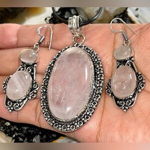 Pale Pink Rose Quartz Pendant & Earrings Set
